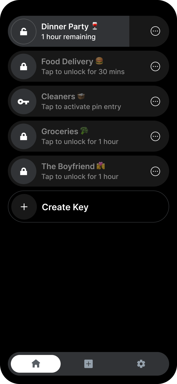 Enterkey app home screen showing the buzzer status, keys and recent entries